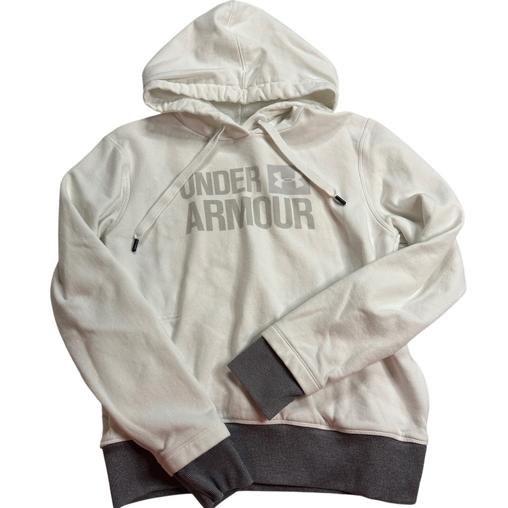 Under Armour Fleece Hoodie Cream White Gray Trim Loose Fit Womens Small